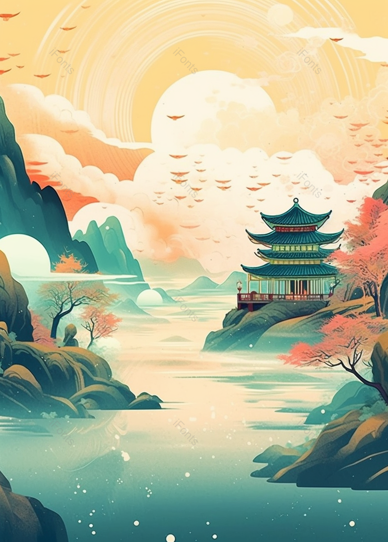 国潮古风插画古代建筑山水图,插画/手绘图,插画/手绘图库,插画/手绘图下载,插画/手绘